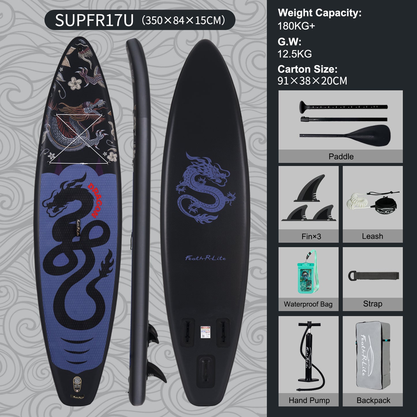 Inflatable SUP Board with Dragon Pattern - Portable Paddle Board for Outdoor Water Sports