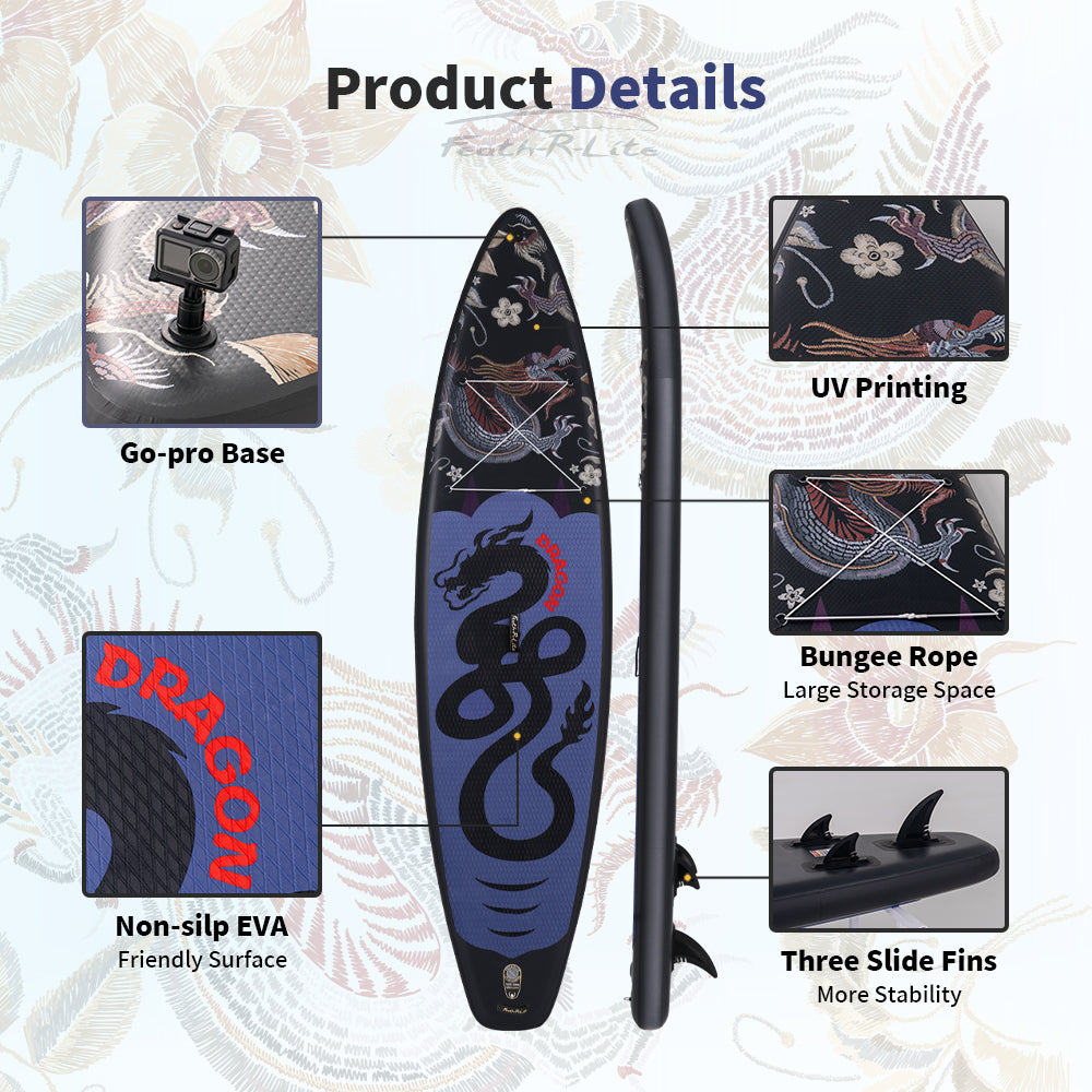 Inflatable SUP Board with Dragon Pattern - Portable Paddle Board for Outdoor Water Sports